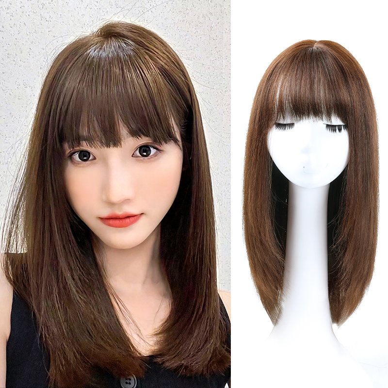 Wig Woman Real Hair Full Live-action Haircut Natural Emulation Mesh Red Full Head Jacketed Round Face Mid-Lock Bone Hair Wig Sleeve
