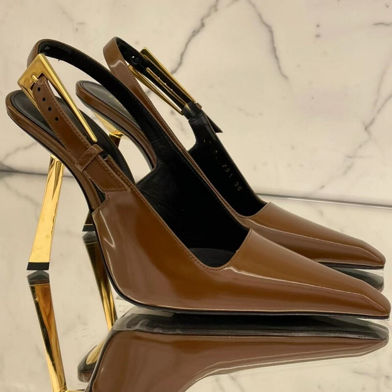 Yang Shulin Style Gold Bar Backless High Heels Women's Gold Stiletto Closed-Toe Sandals Commuter Style Open-Back Single Shoes Women
