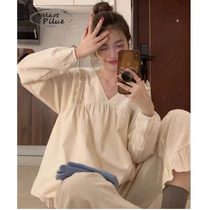 Japan GP2022 Year New Spring Autumn Pure Cotton V Collars Pyjamas and Young Girl S Foreign Air Lotus Leaf Lace Home Clothes