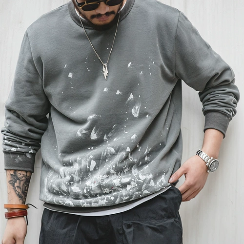 马登工装 日系复古烟灰色泼墨印花卫衣秋冬圆领套头休闲外套男潮