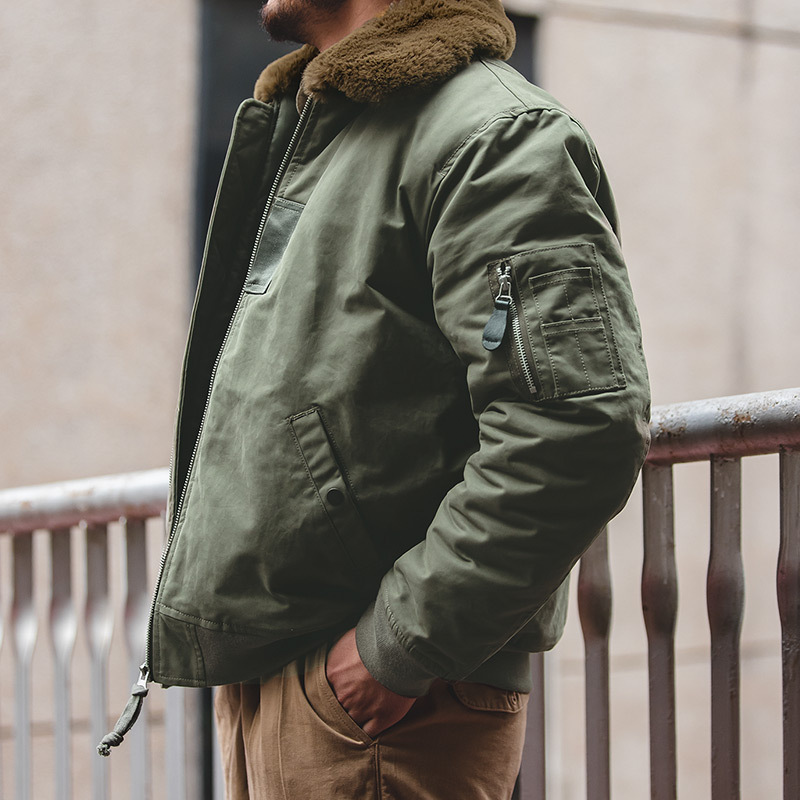 Madden Workwear American Retro Military Green B15 Air Force Bomber Jacket Warm Lapel Fur Collar Outwear Cotton Outwear for Men