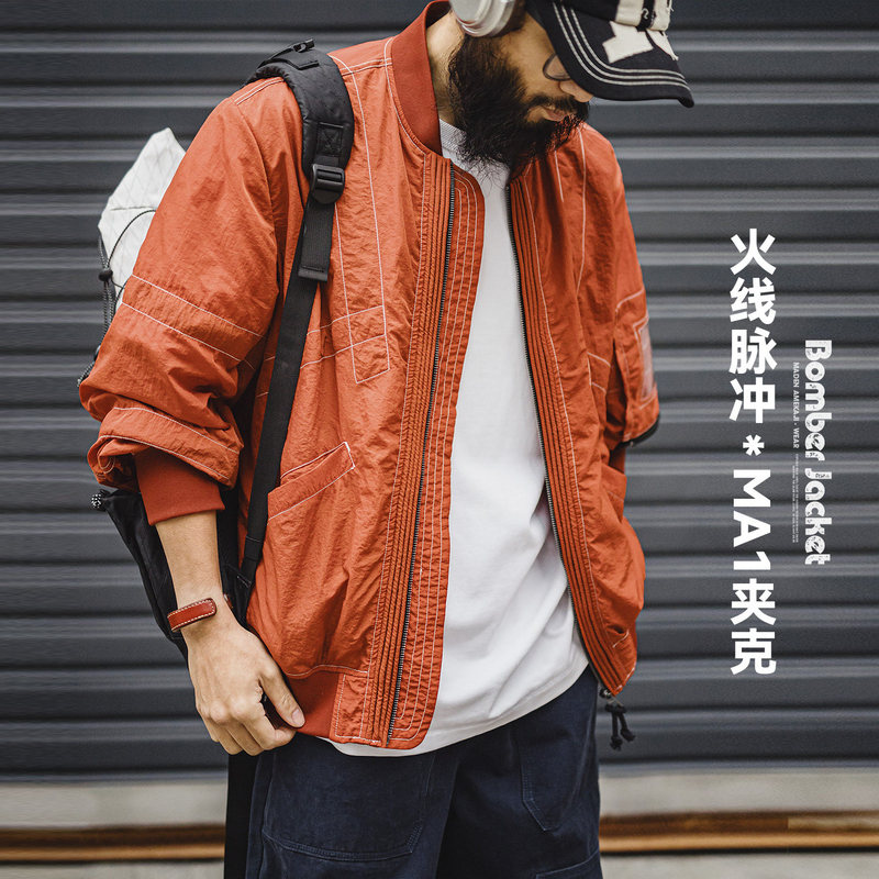 Madden Workwear American-Style Topstitch Bomber Jacket Pilot Coat Thin Red Baseball Jacket Men's Spring