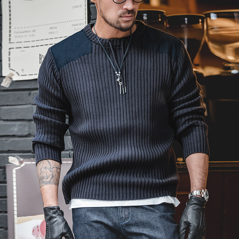 Madden Workwear American Retro Vertical Stripe Patchwork Sweater Round Neck Slim Fit Tough Guy Style Tactical Knitwear for Men Spring