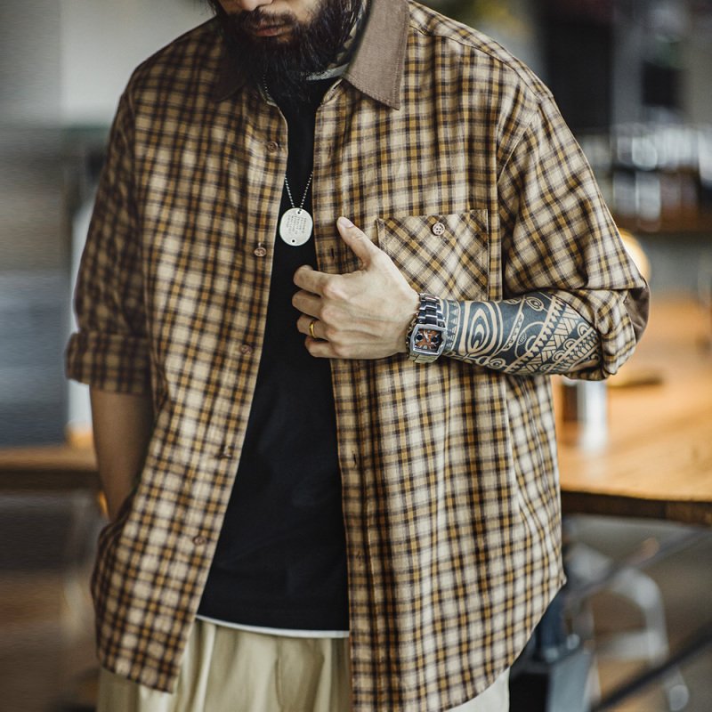 Madden Workwear American Retro Scottish Plaid Long-Sleeve Shirt Corduroy Patchwork Lapel Plaid Shirt for Men Spring