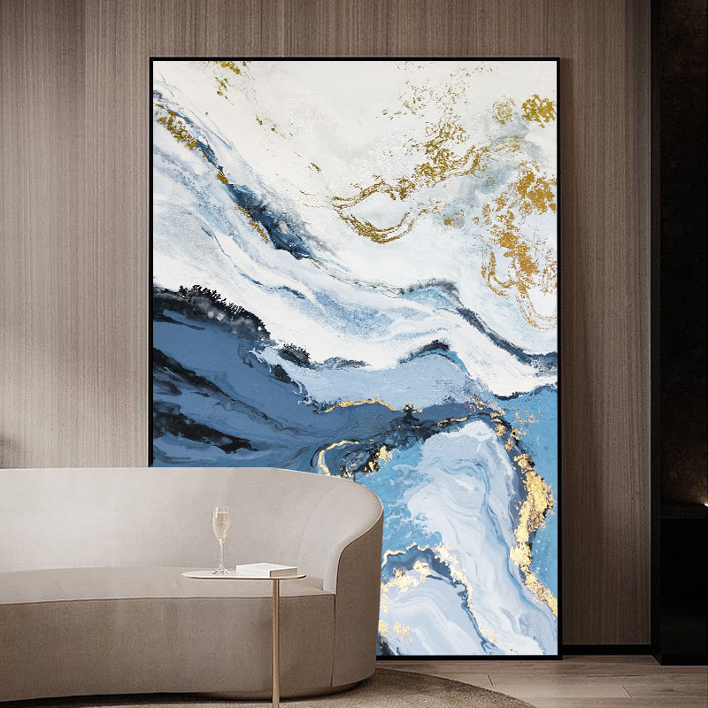 Modern hand painted oil painting Living room sofa Background blue Department decoration painting abstract Xuanguan light extravagant high-end floor hanging painting