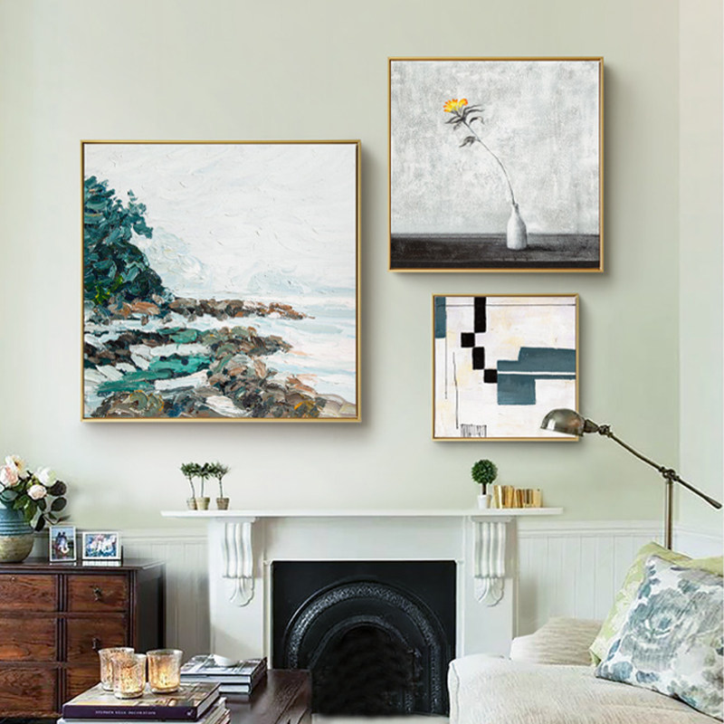 Nordic Pure Hand Painted Oil Painting Living Room American Light Extravaganza Combination Decoration Painting Abstract Minimalist Dining Room Hung Painting Scenery