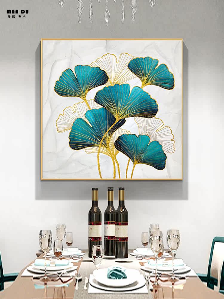 New Chinese entrance oil painting Ginkgo leaf guest dining room triple hanging painting Light luxury hotel room hand-painted flower decoration painting