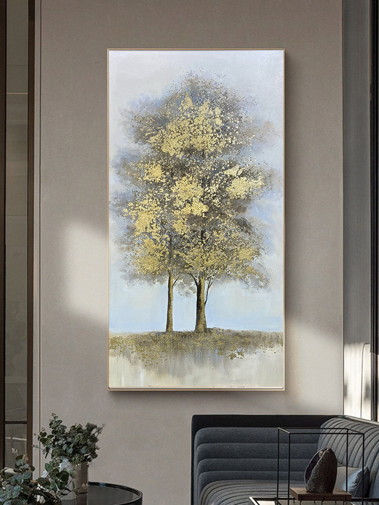 Original American light luxury pure hand-painted oil painting Golden Fortune Tree entrance decoration painting Hotel model room landscape hanging painting