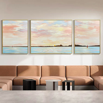 Modern Light Lavish Sofa Background Wall Decoration Painting Pink Warm Colors Sea View Sunrise Hand-painted Oil Painting Living-room Triptych