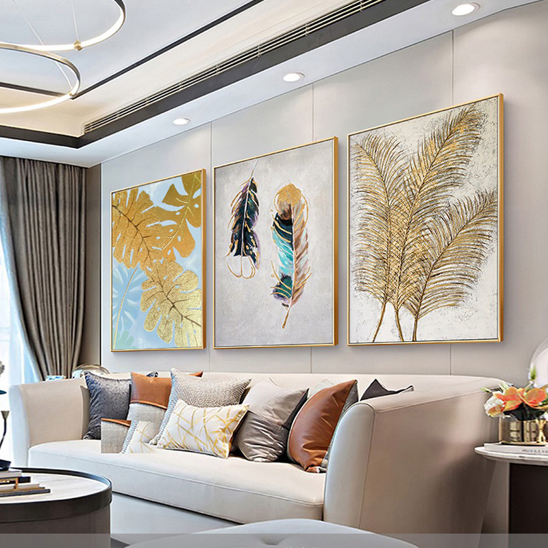 Living room triple hand-painted oil painting American sofa background high-end decorative painting modern porch dining room gold foil hanging painting