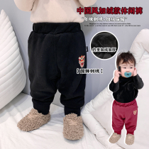 Male Baby National Tide Wind Suede Suede Plus Suede Thicken Bunch Foot Pants Winter Clothing New Infant Embroidery Warm Up 3 25