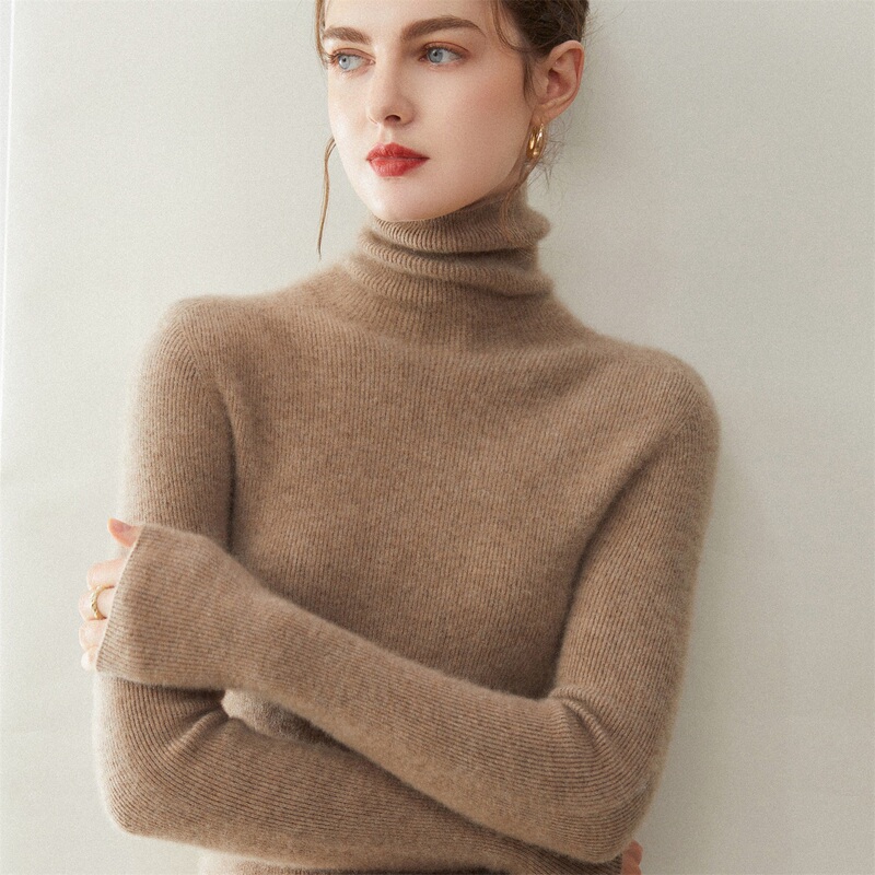 Cashmere Sweater for Women, 100% Pure Cashmere, Ready-To-Wear, High-Neck, Tight-Fitting Sweater, Stacked Collar Knitwear, Slim-Fit Base Layer Top