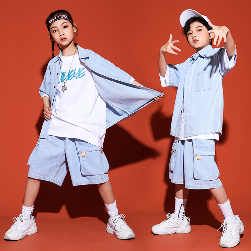 Street dance children's tide clothes girls handsome jazz dance costumes summer hip-hop catwalk boys denim clothing suits