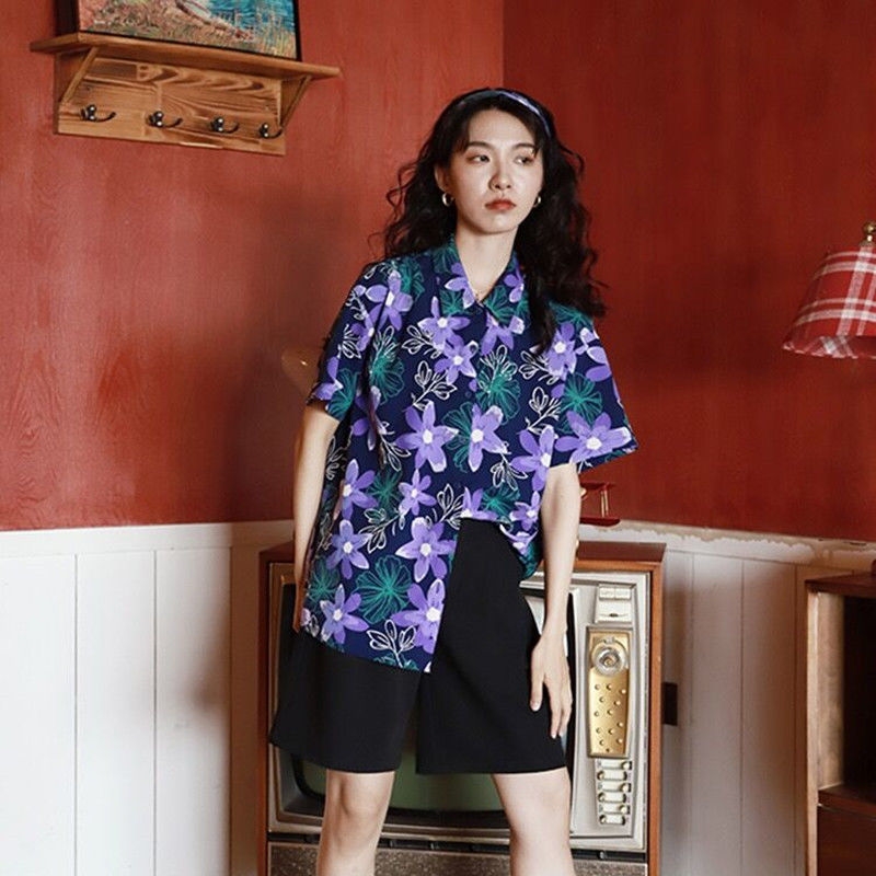 Purple Printing Ancient Vintage Baroque Day Ensemble 100 Hitch Shirt Short Sleeve Crumbed Retro Summer Shirt