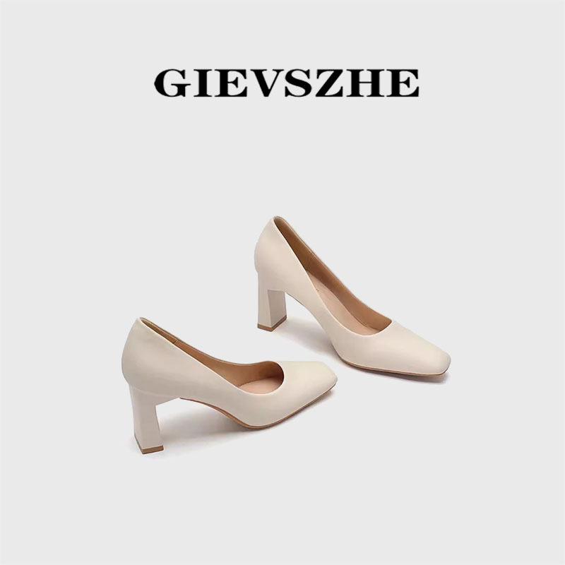 Jishi Zhe Off-White Chunky Heel High Heels for Women 2026 Summer New Style Small Square Toe Versatile Professional Commuting Soft Leather Shoes