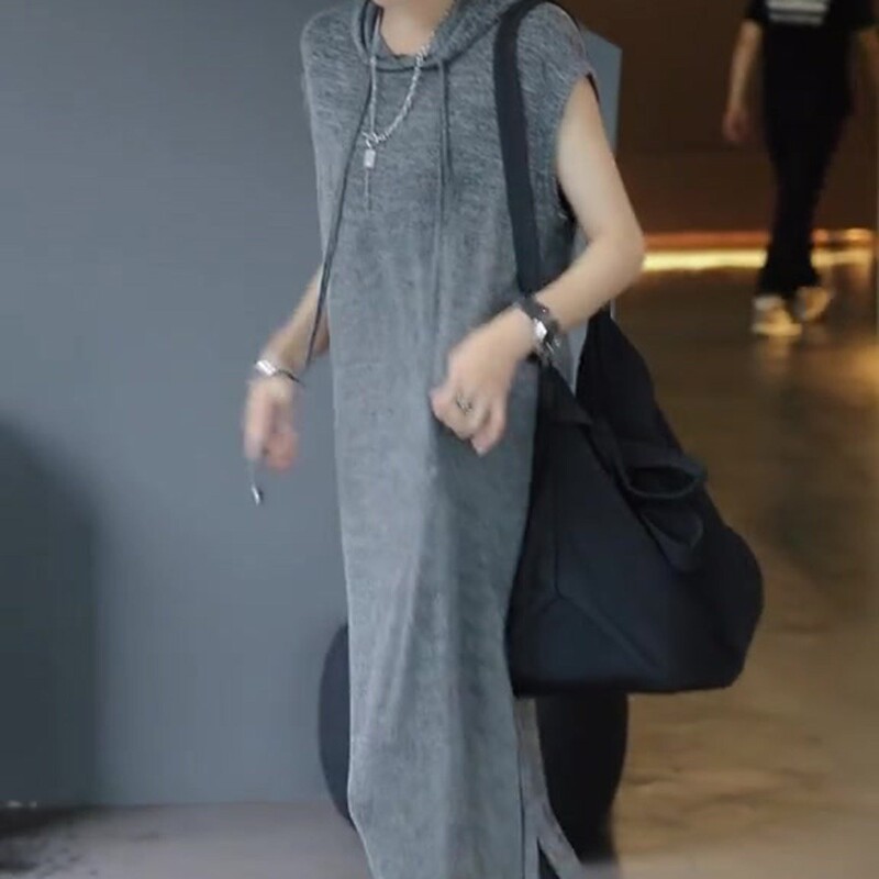 Gray Hooded Casual Dress with a Lazy French Drape, High-End European Style, Stylish Slit Dress, Summer Women's Clothing