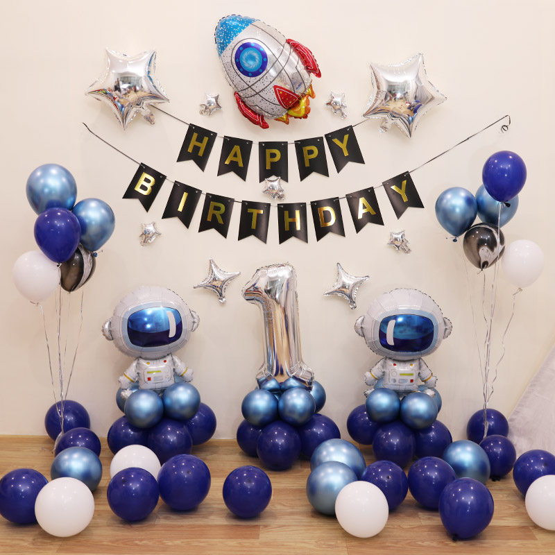 Boy birthday decoration Baby one year old balloon decoration space theme Astronaut background wall June 1 Children's Day