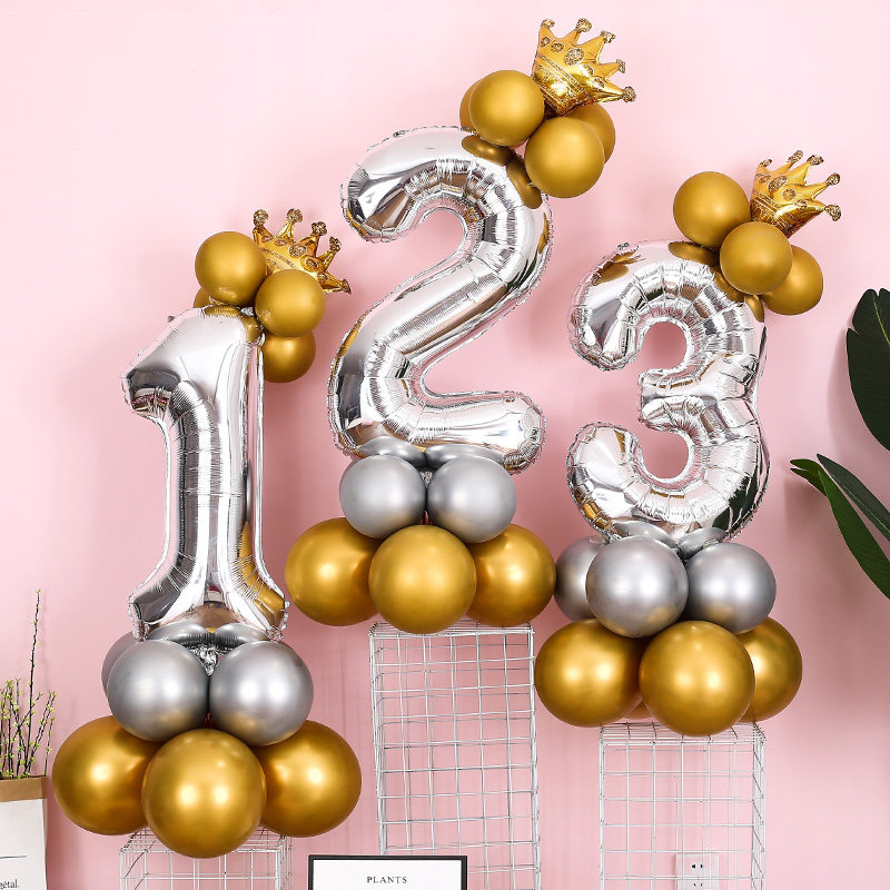 1234 Digital Column Balloon Birthday Party Road Leading Silver Color Crown Baby Full Moon 100 Days Decoration Scene Arrangement