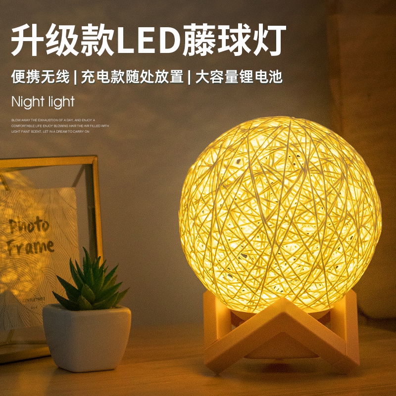 Creative Girly Rattan Ball Night Light Bedroom Bedside Table Lamp Romantic Rattan Night Light Atmosphere Soft Light Sleep Lamp