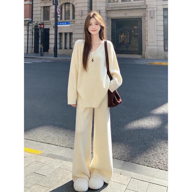 Trendy Sportswear Set for Women, Autumn Loose-Fitting Fashionable Age-Reducing Knit Top and Wide-Leg Pants Casual Two-Piece Set for Women Trendy Sportswear Set for Women, Autumn Loose-Fitting Fashionable Age-Reducing Knit Top and Wide-Leg Pants Casual Two-Piece Set for Women
