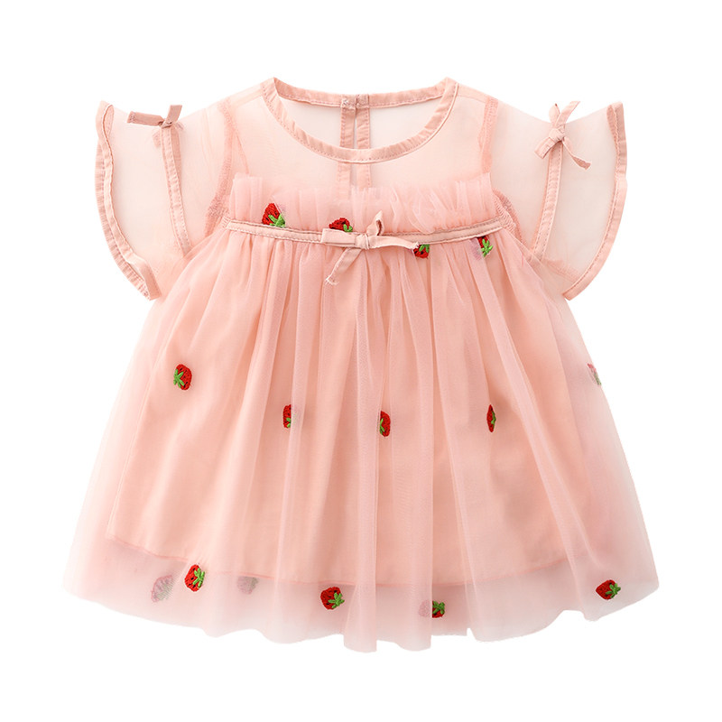 British next kid baby girl summer new cotton short-sleeved jumpsuit cute strawberry embroidered powder gauze skirt cute