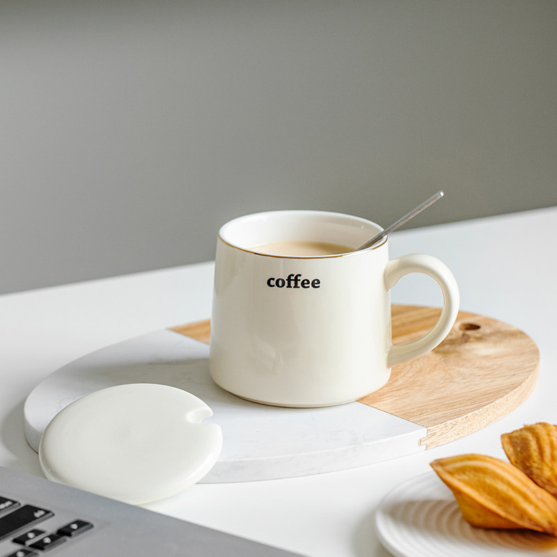 Simple ceramic cup with lid spoon mug female couple coffee cup boy water cup office breakfast cup home