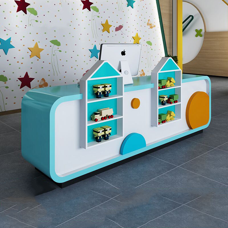 Blue Rhombus Early Teach Cartoon Bar training institute Baking Lacquer Front Desk Kindergarten Reception Desk Desk Collection Silver Counter