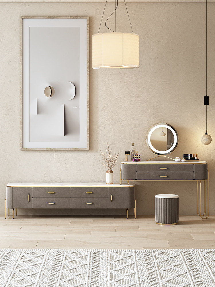 Light luxury rock slab high foot TV cabinet dressing table integrated solid wood bedroom TV cabinet dressing table integrated modern simplicity