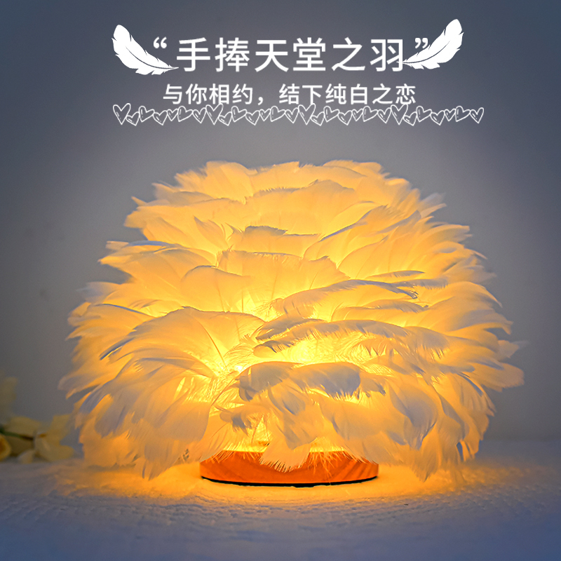 Nordic Feather Table Lamp Bedroom Sleep Bedside Lamp Light Luxury High-End Night Light Atmosphere Creative Feather Lamp Gift