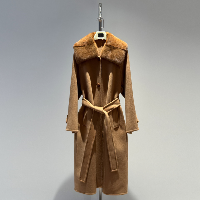 [Special Offer on Sample Clothing] High-End Double-Sided Cashmere Coat for Women, Woolen Outerwear with Detachable Mink Fur Collar, Long Trench Coat