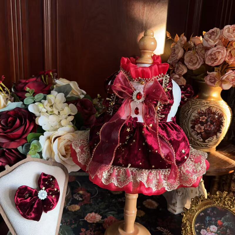 Dog and Cat Lolita Clothes Princess Style Skirt Lace Trim All-Season Teddy Dress Velvet Burgundy