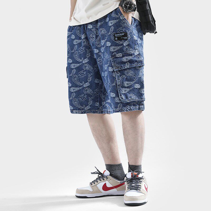 Tide brand cashew flower denim shorts men's high street retro Hong Kong style ins loose straight casual five-point tooling pants