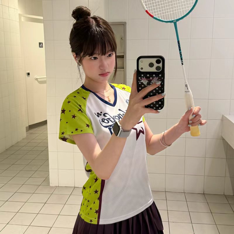 Wegogo "Matcha Star Skillful" Short-Sleeved Badminton Shirt, Breathable, Quick-Drying, Sports Training and Casual T-Shirt