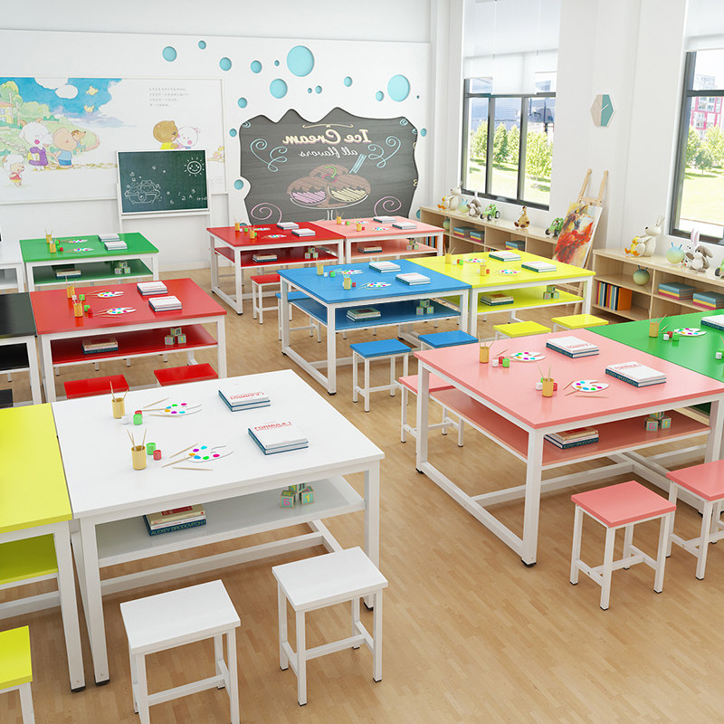 Primary school students double color painting table Art desk chair Training table Tutoring class Double calligraphy desk Long table