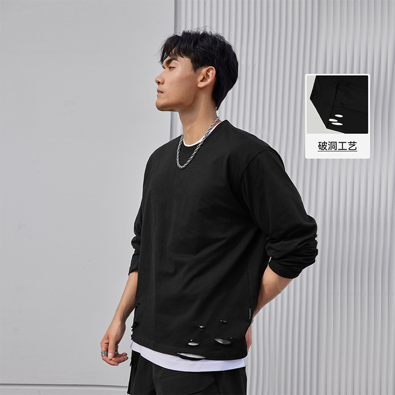 Deer House High Street Series Making Old Broken Hole Long Sleeve T-shirt Male Street Sports Fitness Big Code Casual Blouse to Bottom-Taobao