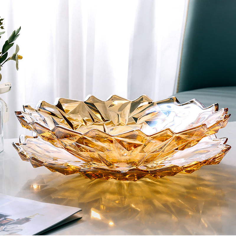 Large Crystal Glass Fruit Plate American Ice Cube Creative Fruit Plate Light Luxury Home Living Room Conference Fruit Plate Candy Basin