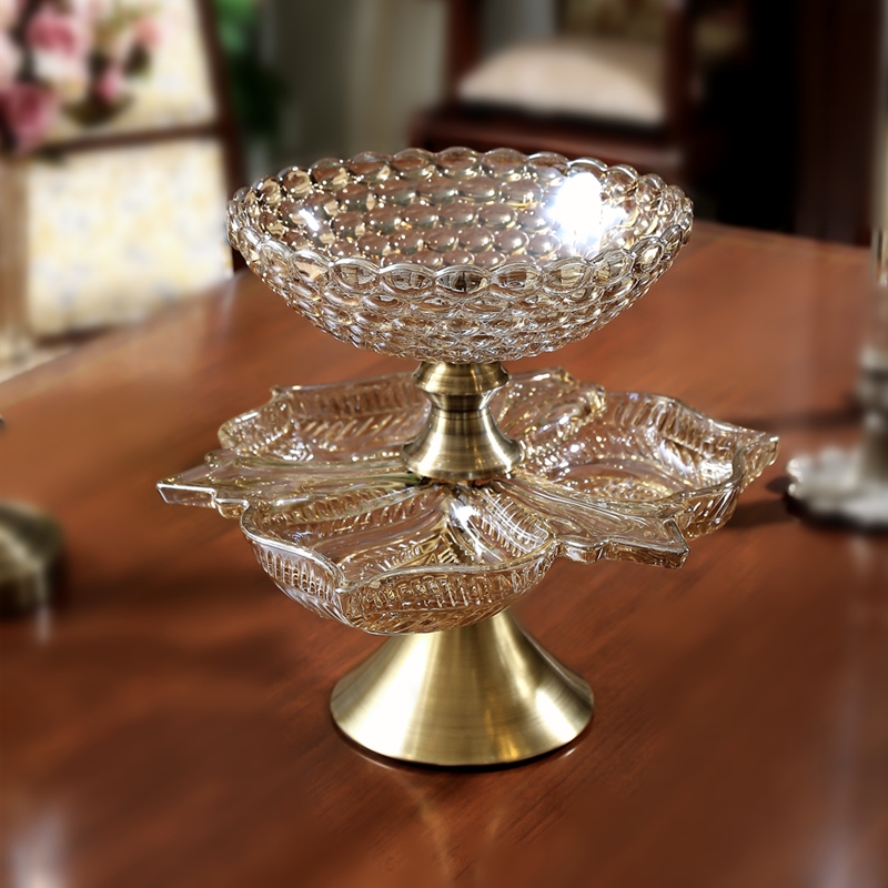 Fruit plate European-style luxury high-end crystal fruit plate petals double-layer glass compartment fruit plate American-style living room home tea table