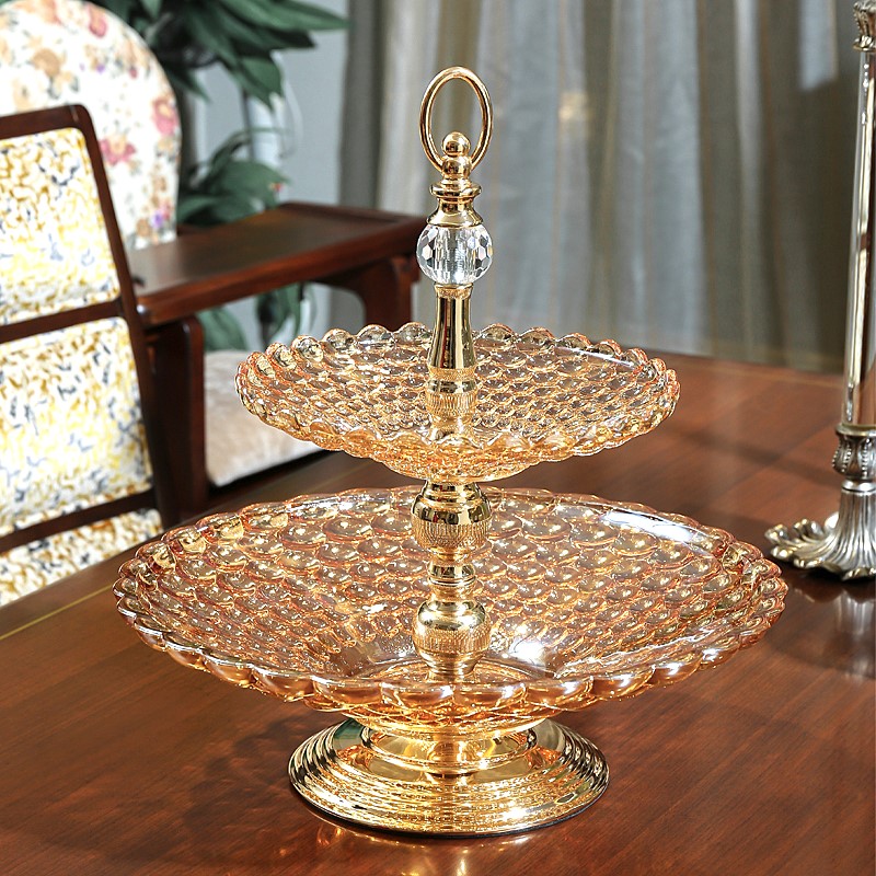 Luxury European-style double-layer glass fruit plate high-end home living room large fruit plate candy plate American coffee table decoration