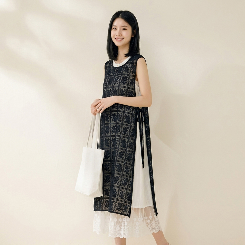 Layered Semi-Transparent Mesh Embroidered Tank Dress, Two-Piece Loose-Fitting Outerwear with Tie-Side Cover-Up Vest Dress