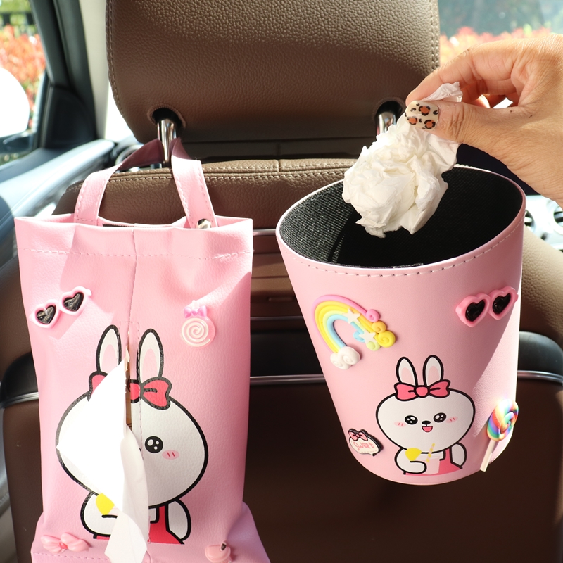Car creative personality cartoon trash can toilet paper box set car tissue box seat hanging bag car supplies female