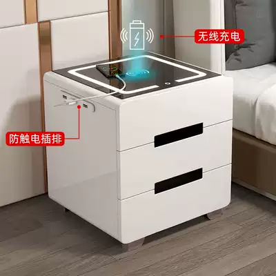 Smart bedside table solid wood modern simple bedroom sensor light wireless charging multifunctional white paint bedside cabinet