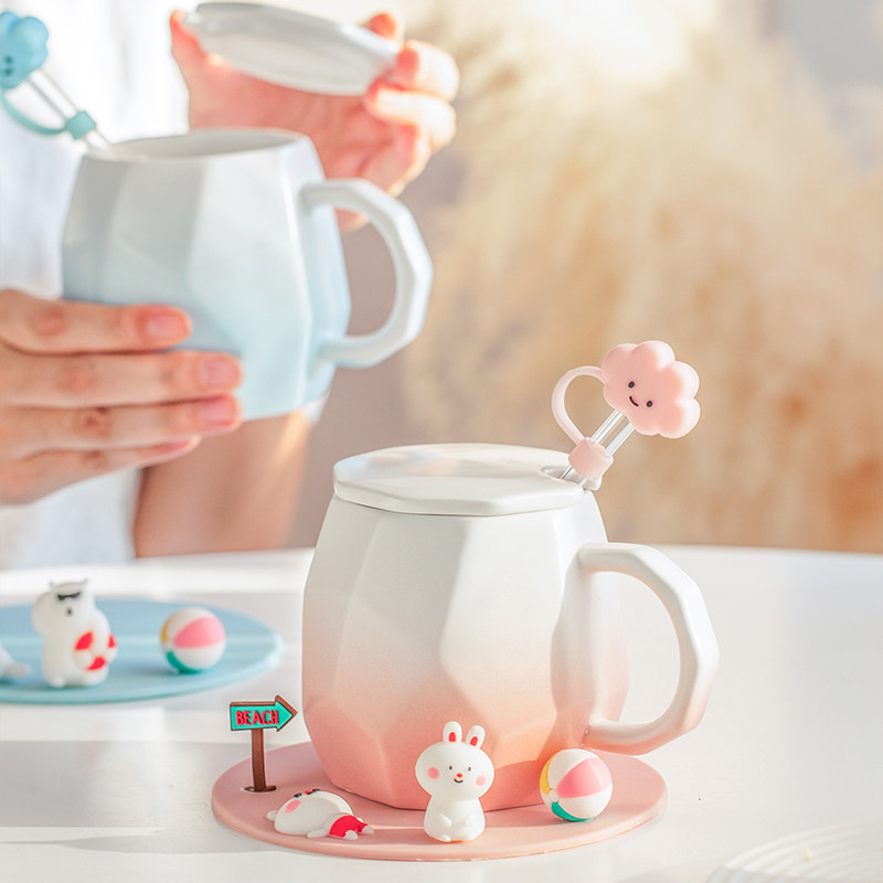 Cute mug mug with lid and spoon ceramic water cup couple cup office design niche breakfast cup