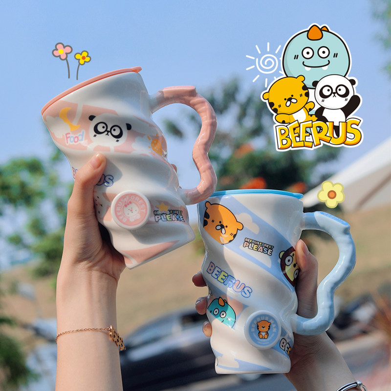 Cute mug girls couple water cup with lid cup female summer ceramic couple breakfast cup large capacity