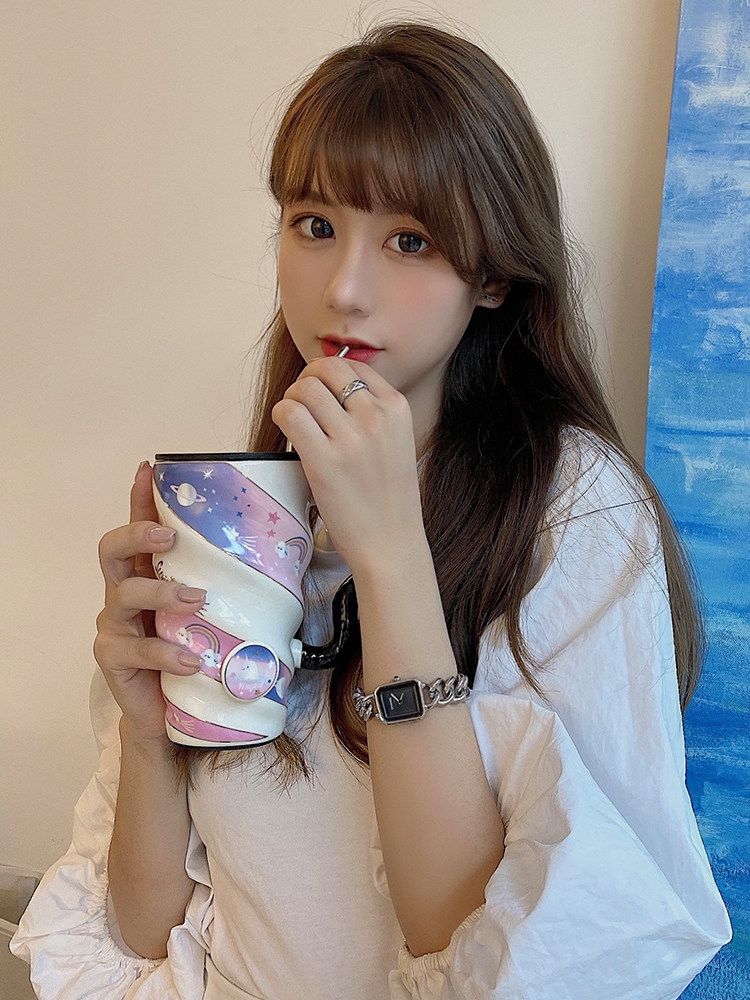 Yulu large capacity mug with lid Spoon Couple cup Ceramic cup Cute water cup girl creative personality trend