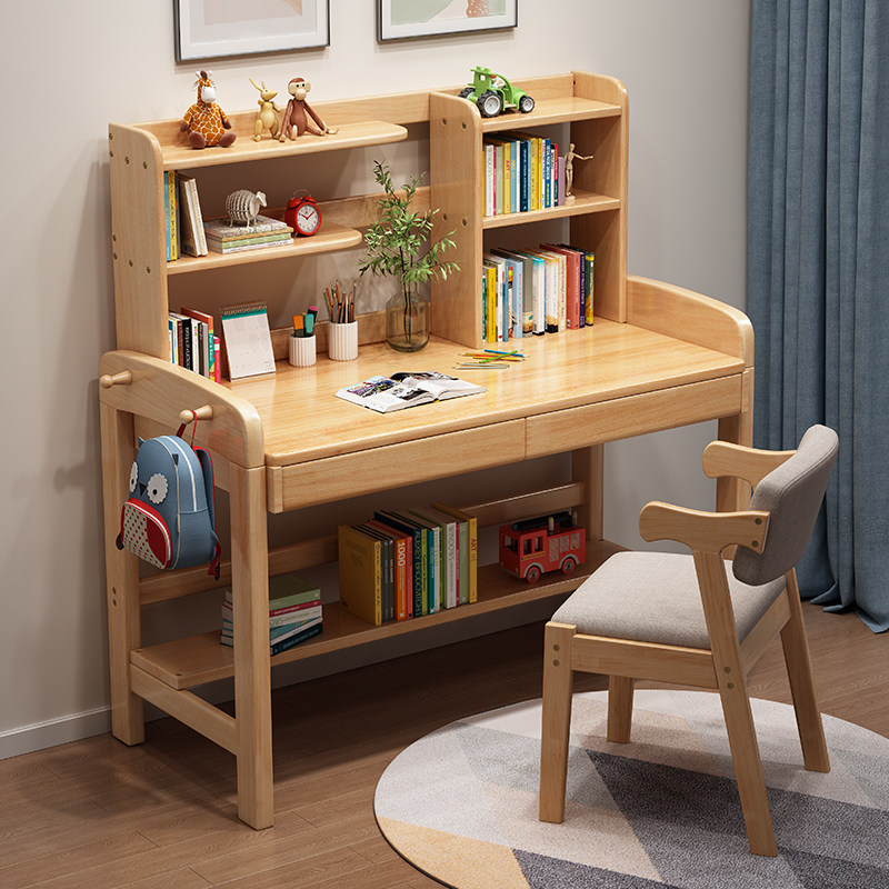 Children study desk Home and primary school students desk lift with bookcase desk desk desk brief solid wood computer desk