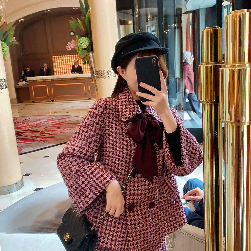Small fragrance style dress women autumn and winter retro houndstooth two-piece foreign style fashionable temperament lapel coat women