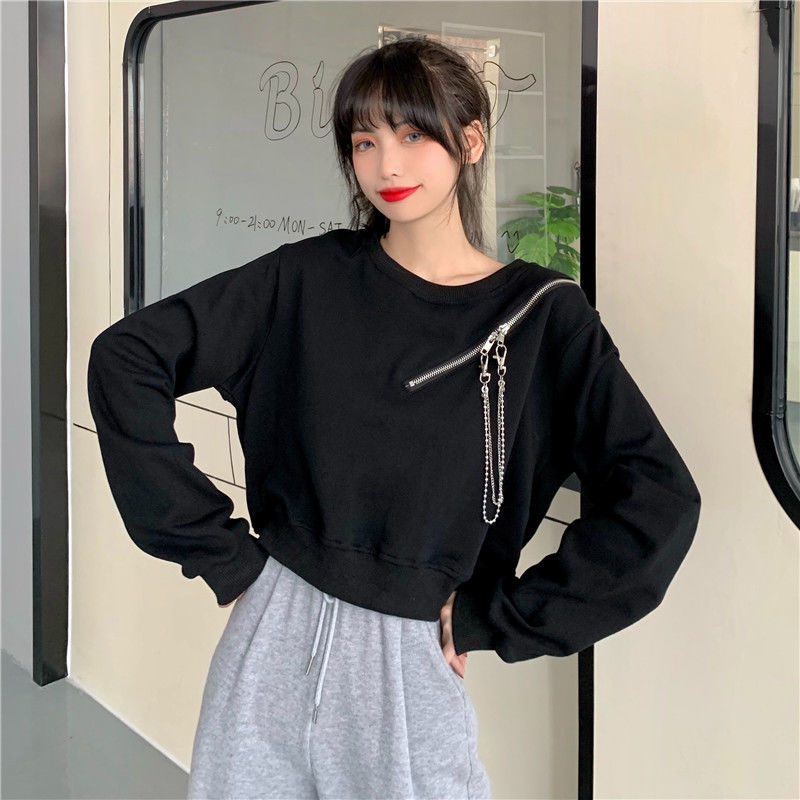 Loose navel black sweatshirt female student Korean version of loose small man ins zipper off-the-shoulder slim short top tide tide