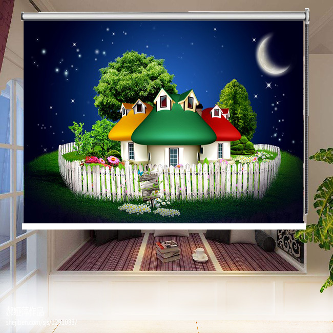 Punch-free curtains 3D Cubism cartoon background hanging painting partition living room kitchen toilet shade lifting roller shutters-Taobao