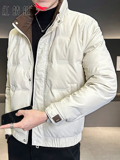 Red Dragonfly Stand-Up Collar down Jacket for Men, New Winter Casual Solid Color Warm Duck down Coat, Trendy Cold-Proof Outerwear for Men