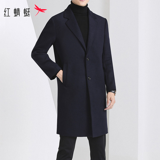 Red Dragonfly Woolen Coat for Men, New Trendy Woolen Outerwear for Spring and Autumn, Casual Mid-Length Trench Coat for Men